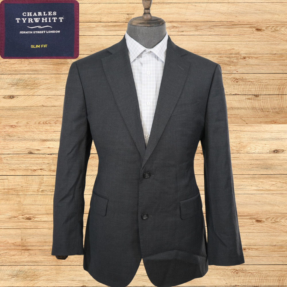 Charles Tyrwhitt Mens 42R Slim Fit Suit Jacket Charcoal Gray Super 100s Wool
